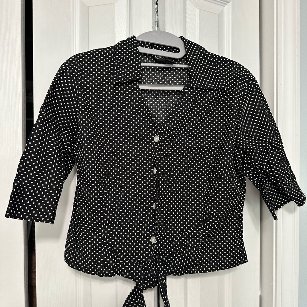 Beautiful Polka Dot black and white Button Down Front Tie Dress Shirt